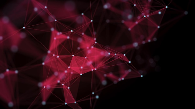 Red abstract background with connection lines dots and triangles Technology network connection Digital structure of particles 3D rendering