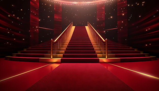 Red Carpet Bollywood Stage Maroon Steps Spot Light Backdrop of the Golden Regal Awards Generative ai