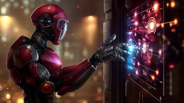 Red Robot Interacting with Digital Interface