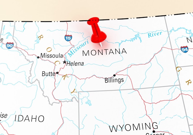 Red Thumbtack Over Montana State USA Map. 3D rendering