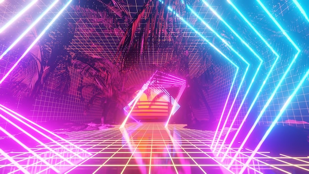 Retro styl kybernetiky v pozadí palmy pro reklamu ve sci-fi a technologické scéně