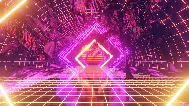 Retro Style Cyber In Palm Tree Background for advertising in retro and sci fi cyberpunk scene