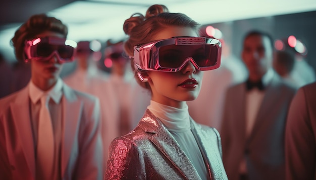 Retrofuturistic photo of party in futuristic fashion
