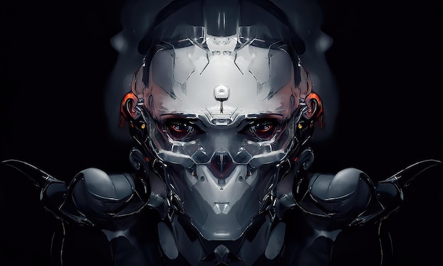 Robot cyborg humanoidní tvář lebka technologická cyborg hlava futuristická metalická sci-fi muž fantastická 3D ilustrace