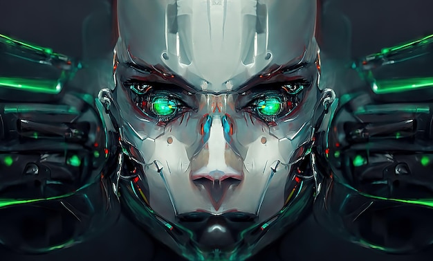 Robot cyborg woman humanoid face skull technological cyborg head Futuristic metallic science fiction female Fantastic 3d illustration