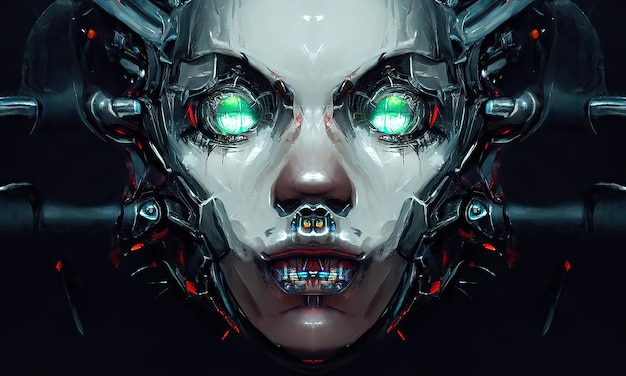 Robot cyborg woman humanoid face skull technological cyborg head Futuristic metallic science fiction female Fantastic 3d illustration