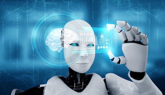 Robot humanoid hold HUD hologram screen in concept of AI thinking brain