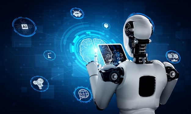 Robot humanoid using tablet computer in concept of AI thinking brain