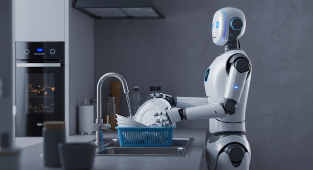 robot washing dishes in a modern kitchen