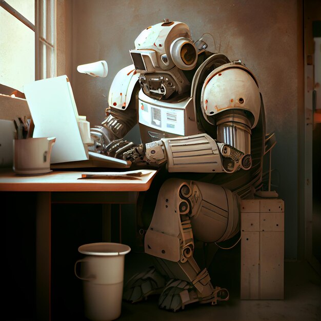 Robot working in a office with a computer Generative Ai