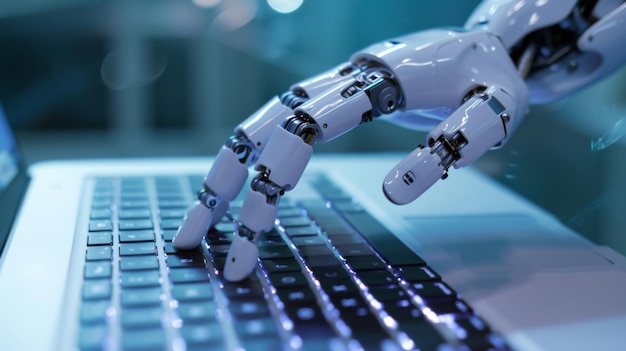 robotic arm is positioned over a laptop keyboard
