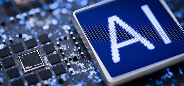 Robotics Mind AI AI for controlling a robot AI writes program code Closeup of an artificial intelligence microchip Artificial intelligence generates content 3D render