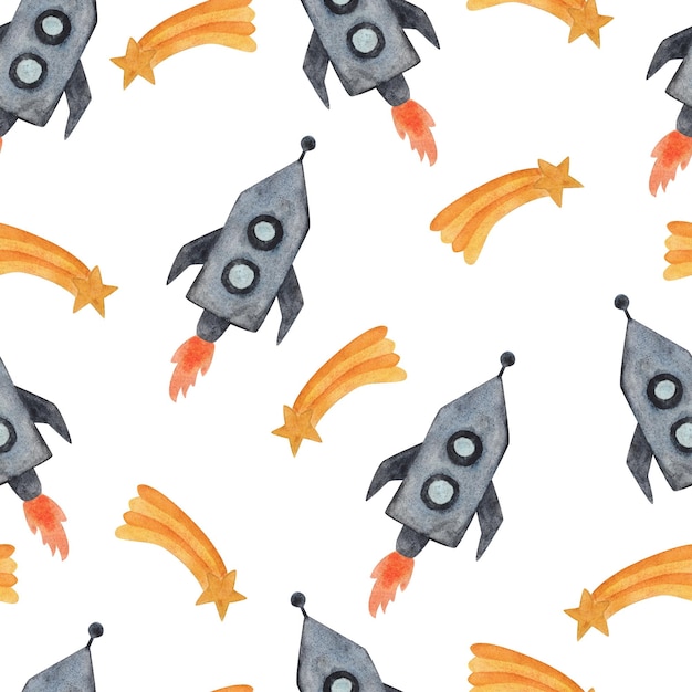 Rocket and stars Watercolor seamless pattern