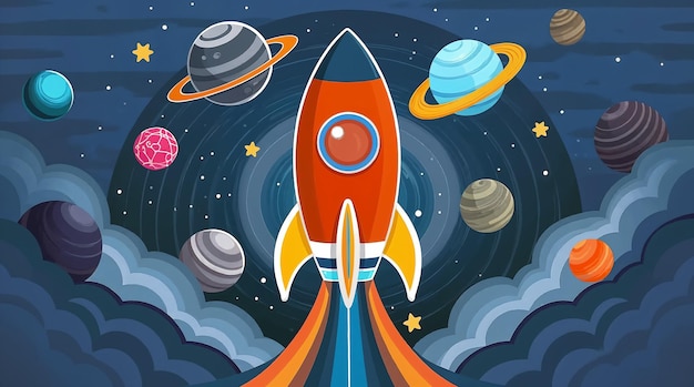 Rocket in Space with Planets and Stars Illustration