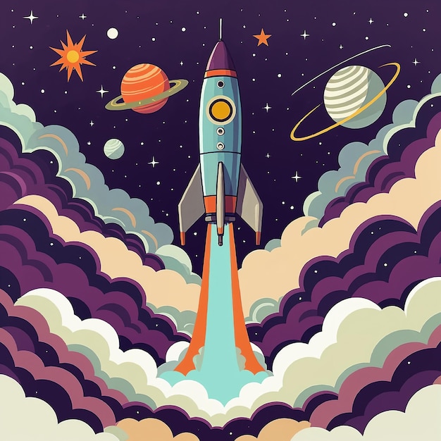 Rocket Launching into Space with Planets and Stars