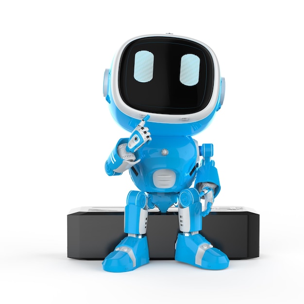 Roztomilý a malý robot-asistent s umělou inteligencí přemýšlí nebo analyzuje