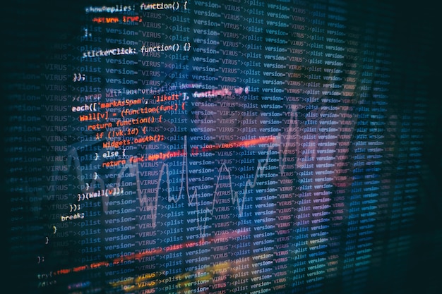 running computer data / www programming. coding script text on screen. notebook closeup photo.