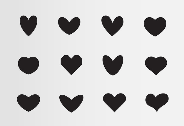 Sada vektorových symbolů lásky, černé siluety srdcí, různé sady ikon pro svatého Valentýna.