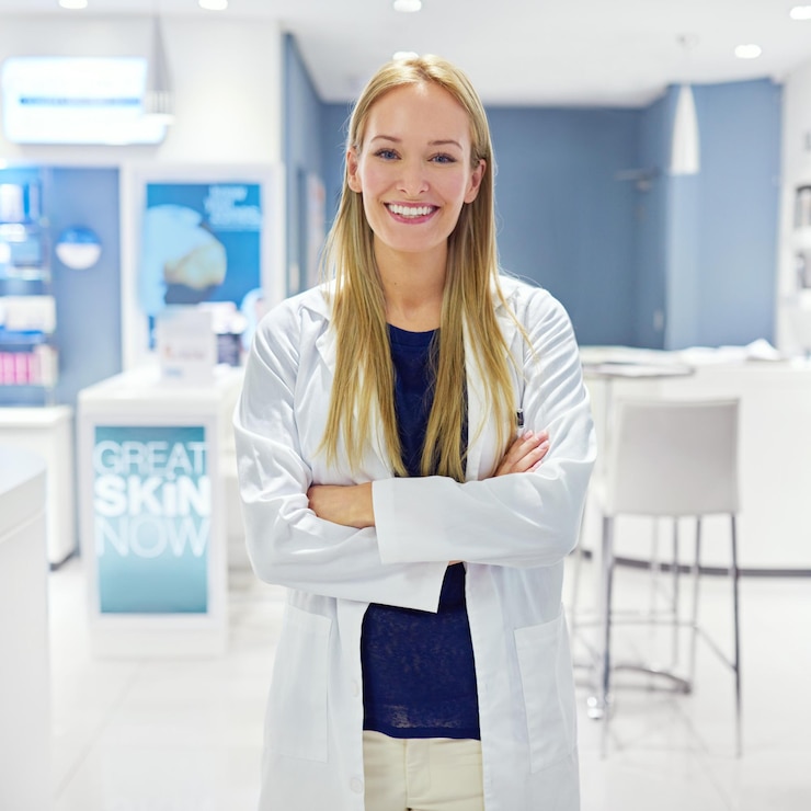 Fotografie salon skincare and portrait of woman with cosmetics advice and confidence for luxury spa treatment dermatology technician and consultant with smile beauty product and arms crossed in clinic