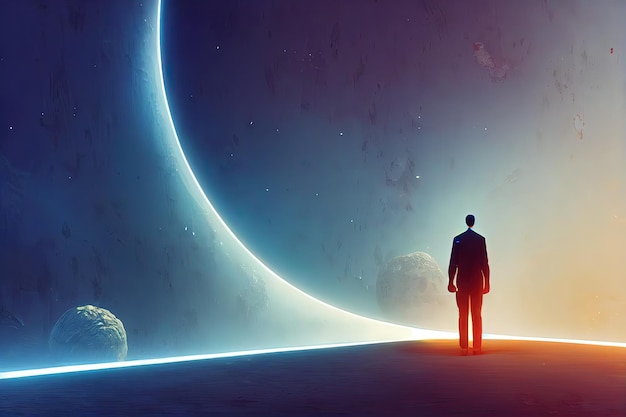 Scifi concept showing a man standing at the futuristic portal horizontal side view skyline