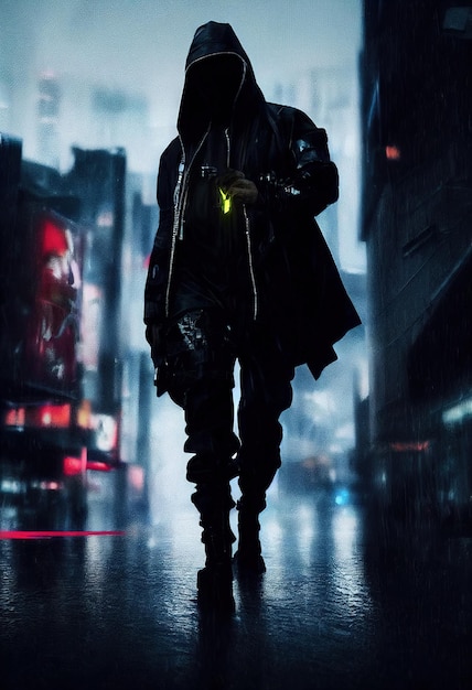 Scifi cyberpunk in the rainy city of the future Hightech futuristic man from the future
