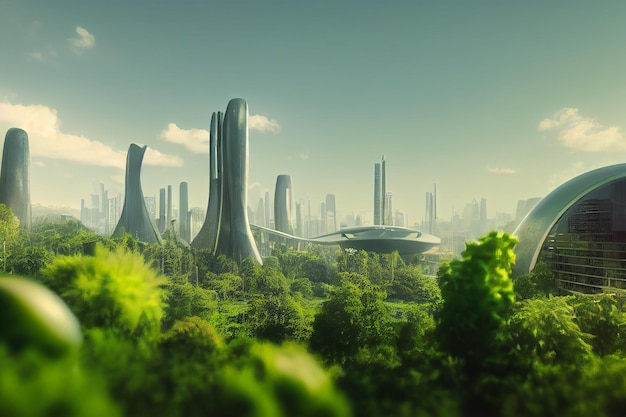 scifi green utopia futuristic city environmentalism concept 3d art illustration