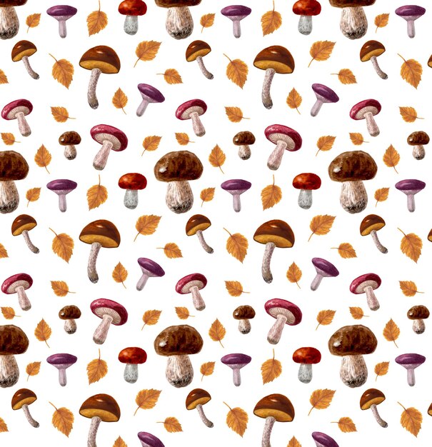 seamless pattern of watercolor illustrations of forest mushrooms