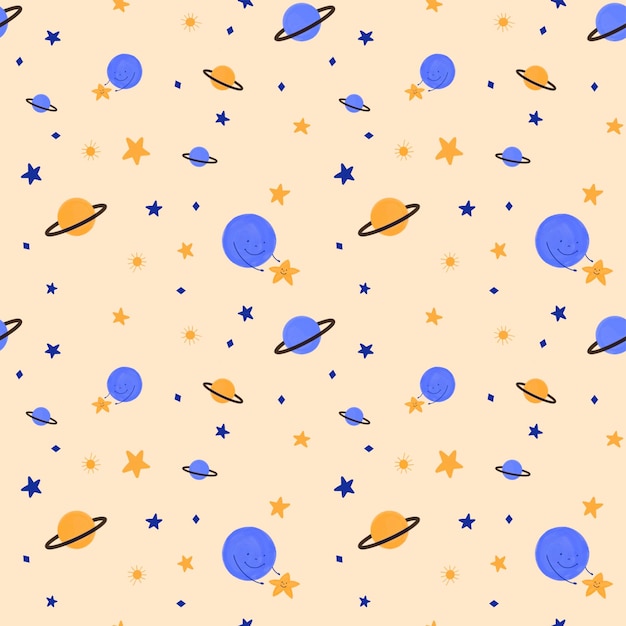 Seamless pattern with planets and little star on light orange background