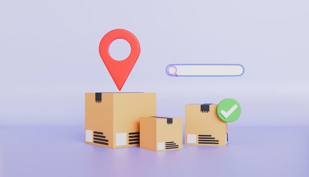 Search bar with magnifying glass Cardboard parcel boxes with check mark Pin location symbol
