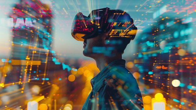 selective focus of young caucasian man uses vr in virtual reality game in technology city