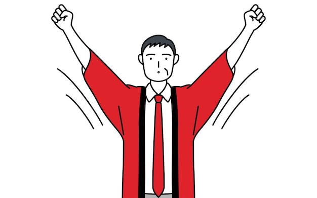 Senior man wearing a red happi coat doing radio calisthenics preparation for accident prevention