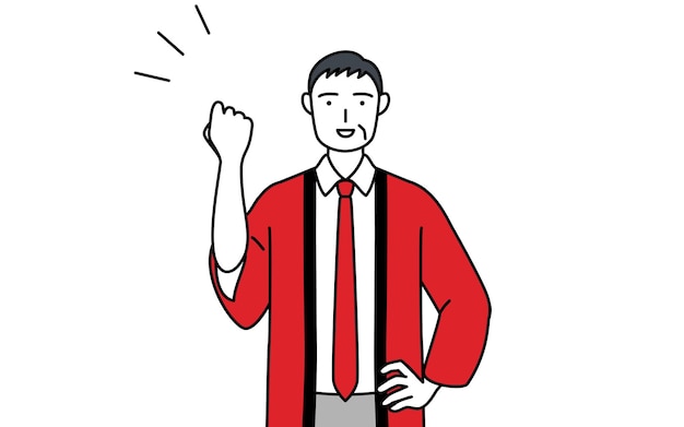 Senior man wearing a red happi coat posing with guts