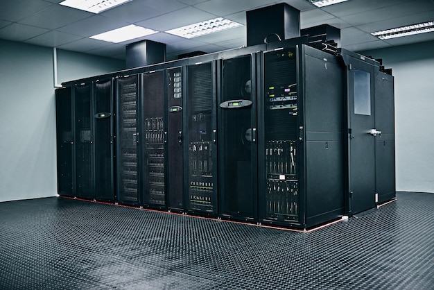 server room empty or hardware electronics for internet connection admin servers or cyber security system it support background information technology electronics or modern machine in data center