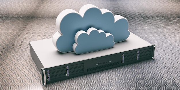 Server unit and computer clouding storage on industrial plate background 3d illustration
