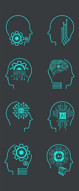 Set of Artificial intelligence line style machine learning robot heads Collection
