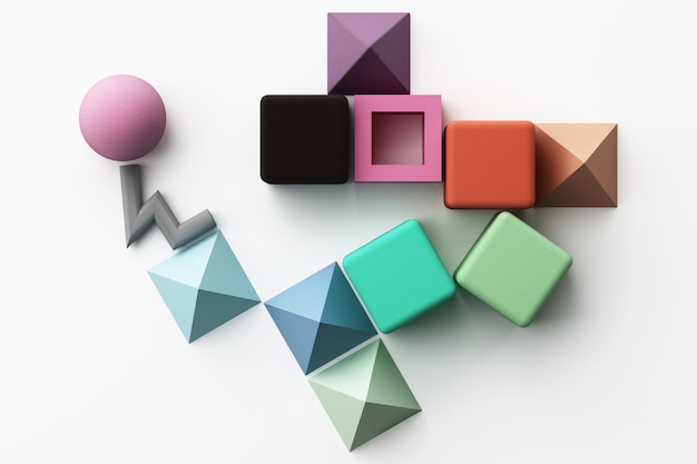 Set of colorful realistic geometric shape with fabric texture on white background 3d rendering