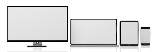 Set of realistic blank monitors Computer monitor laptop tablet and smartphone isolated on white background copy space 3d illustration