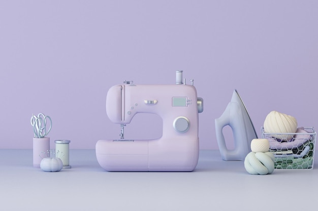 sewing machine floating on purple and pink background. Tailoring shop with mannequins, fabrics