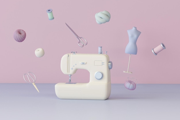 sewing machine floating on purple and pink background. Tailoring shop with mannequins, fabrics