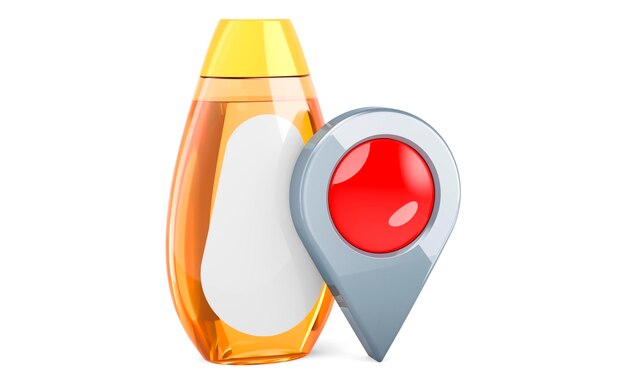 Shampoo bottle with map pointer 3D rendering isolated on white background