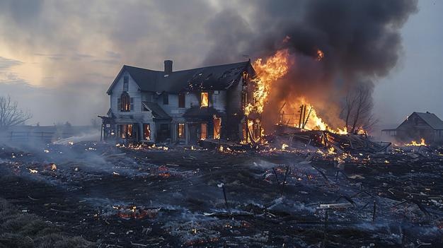 Showcasing a massive fire destroyed an old farmhouse with lots of smoke and flames the building wa