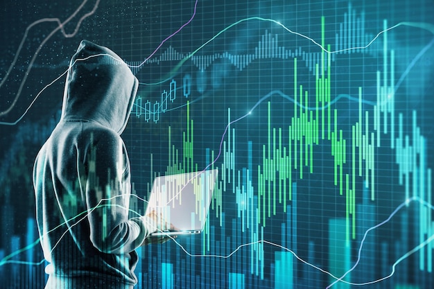 side view of hacker using laptop with forex chart malware and trade concept double exposure
