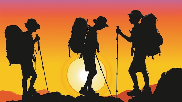 silhouette three boy scouts students hiking
