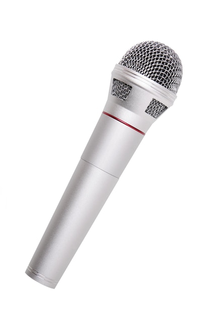 Silver microphone closeup isolated over white background
