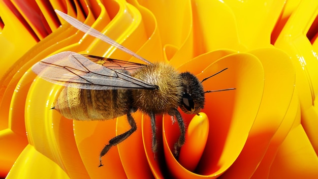 Single bee insect animal isolated on an orange flower Background illustration 3D illustration