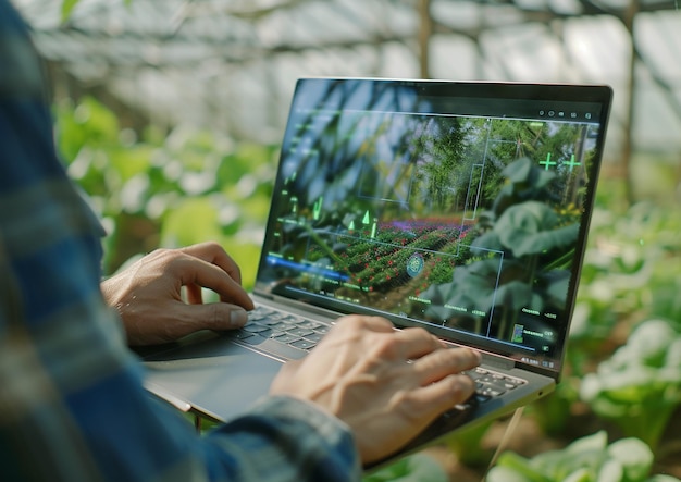 smart farming farmer controls fields with hologram app in laptop
