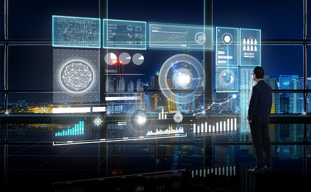 Smart financial analytics working at modern office with big data connections icon internet of things financial charts and graph virtual screen