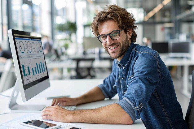 Smiling businessman brainstorming while analyzing graph on a computer in the office