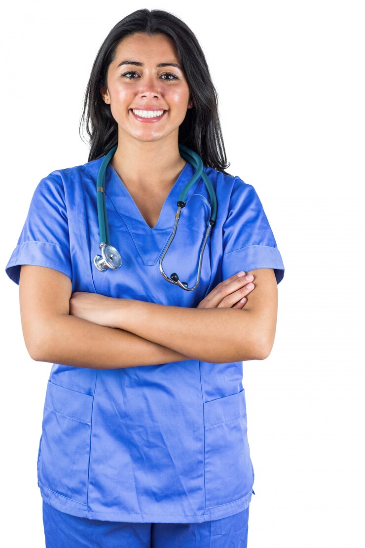 Fotografie smiling doctor with her arms folded against a white background