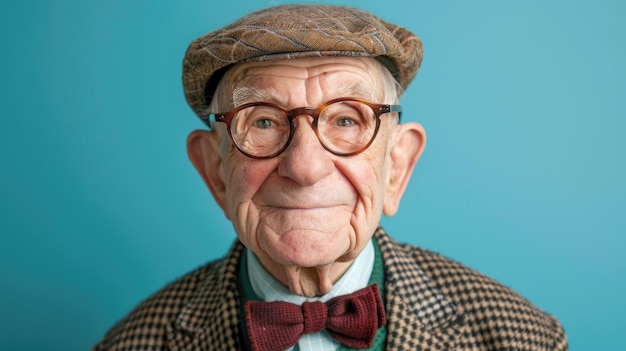 smiling senior man in vintage cap and glasses over blue background